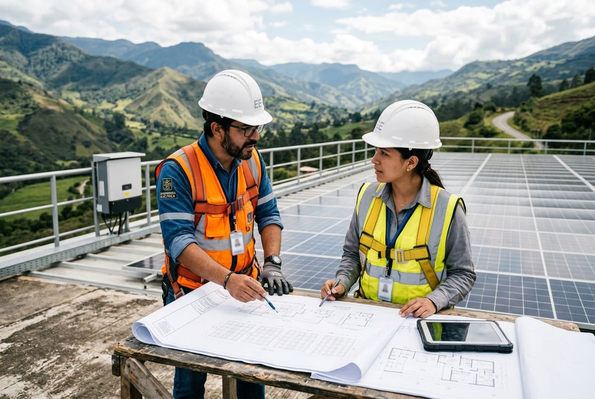 Ingenieros revisando planos de un proyecto solar en Bucaramanga